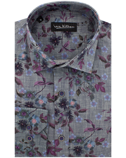 Lilac Floral Cotton-Linen Shirt
